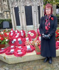 Sandie with the wreaths at the Maldon war memorial