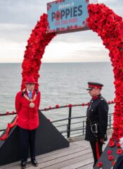 Lion and Mayor of Southend Nigel Folkard at the Poppies on the Pier opening Lion and Mayor of Southend Nigel Folkard at the Poppies on the Pier opening